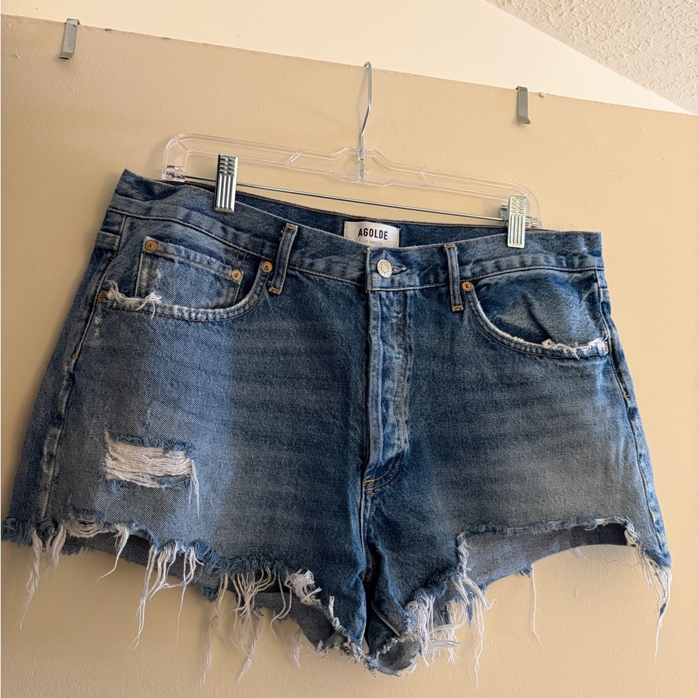 Agolde Distressed Blue Denim Shorts